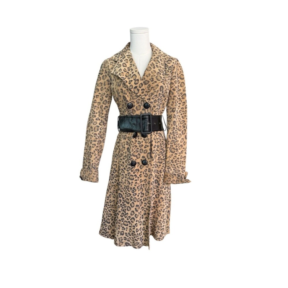 Arden B Genuine Leather Leopard Print Belted Trench Coat Y2K Mob Wife S